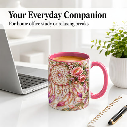 #pl[11oz|Pink] Floral Dreamcatcher Ceramic Mug, Pink Boho Artwork