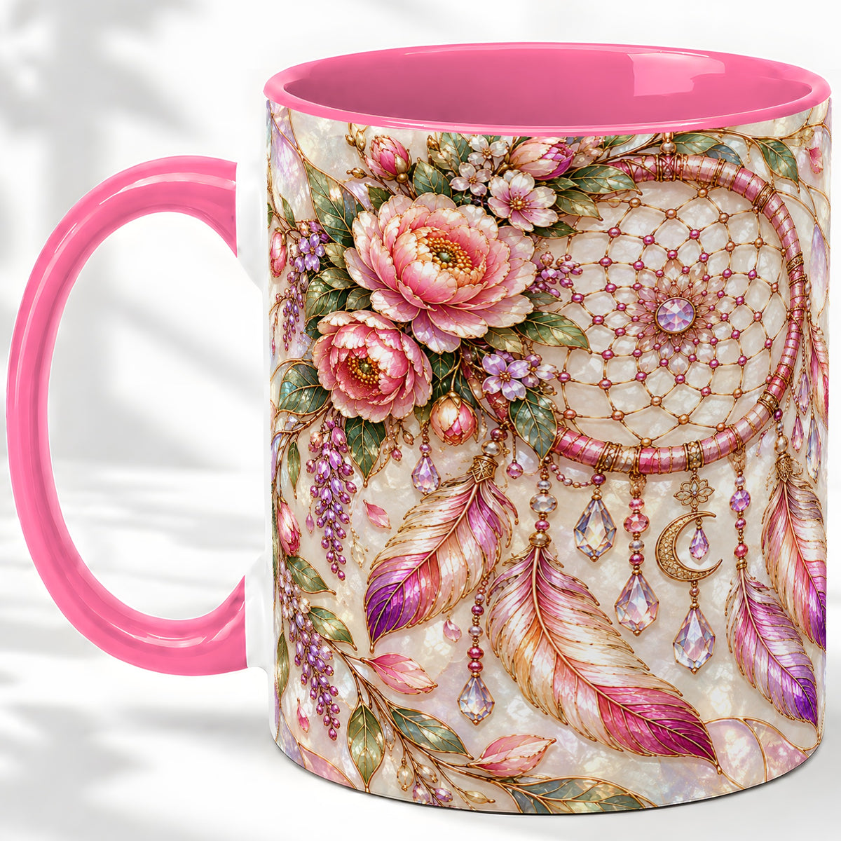 #pl[11oz|Pink] Floral Dreamcatcher Ceramic Mug, Pink Boho Artwork