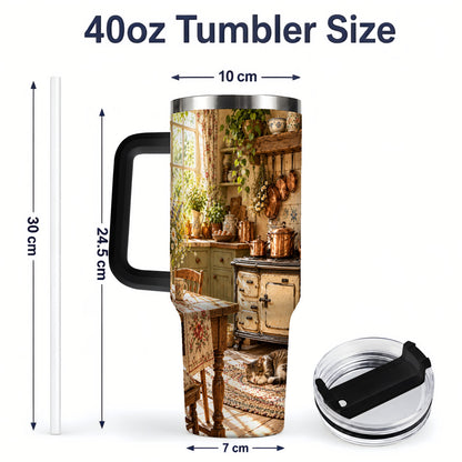 #pl[40oz|Black] Cottage Cat Tumbler, 40oz Tumbler with Cozy Kitchen Scene Artwork