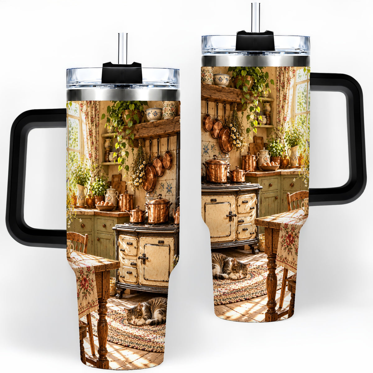 #pl[40oz|Black] Cottage Cat Tumbler, 40oz Tumbler with Cozy Kitchen Scene Artwork