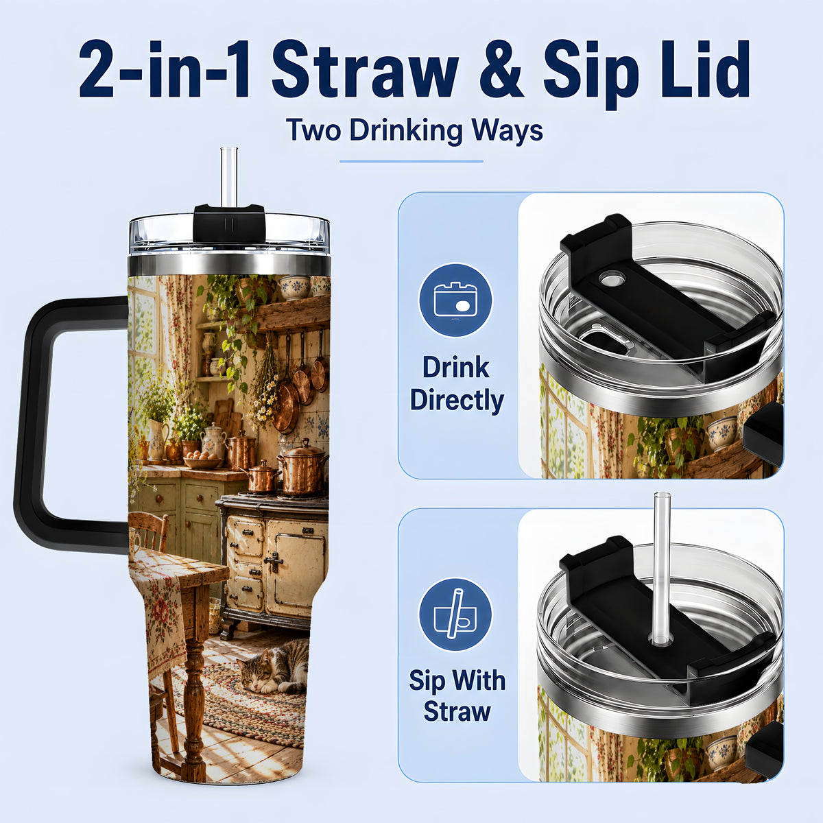 #pl[40oz|Black] Cottage Cat Tumbler, 40oz Tumbler with Cozy Kitchen Scene Artwork