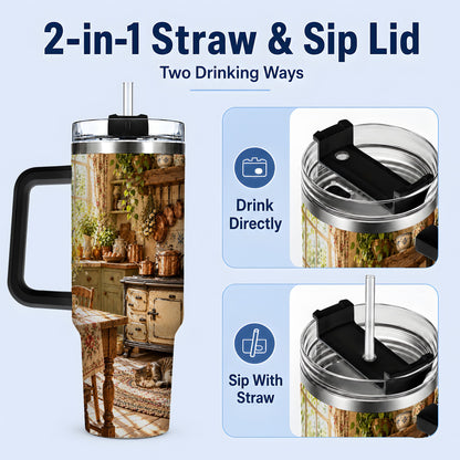 #pl[40oz|Black] Cottage Cat Tumbler, 40oz Tumbler with Cozy Kitchen Scene Artwork