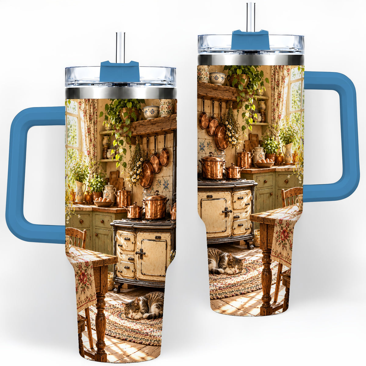 #pl[40oz|Blue] Cottage Cat Tumbler, 40oz Tumbler with Cozy Kitchen Scene Artwork