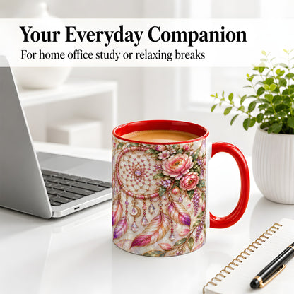 #pl[11oz|Red] Floral Dreamcatcher Ceramic Mug, Pink Boho Artwork