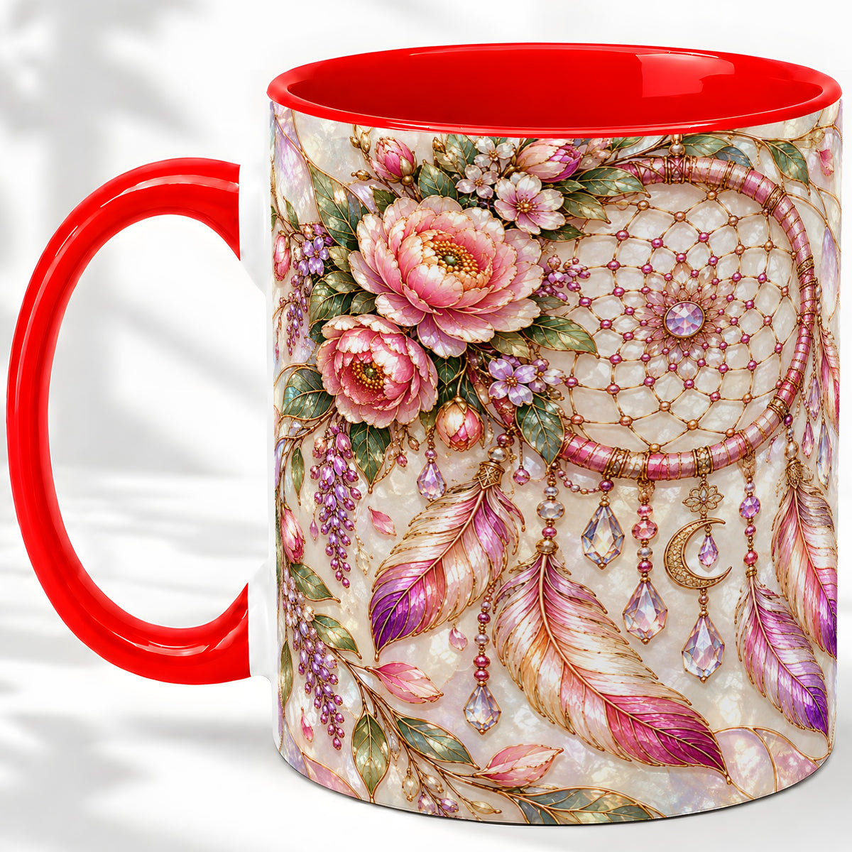 Floral Dreamcatcher Ceramic Mug, Pink Boho Artwork