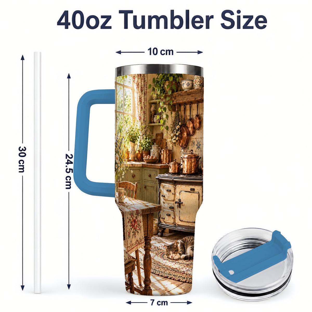 #pl[40oz|Blue] Cottage Cat Tumbler, 40oz Tumbler with Cozy Kitchen Scene Artwork