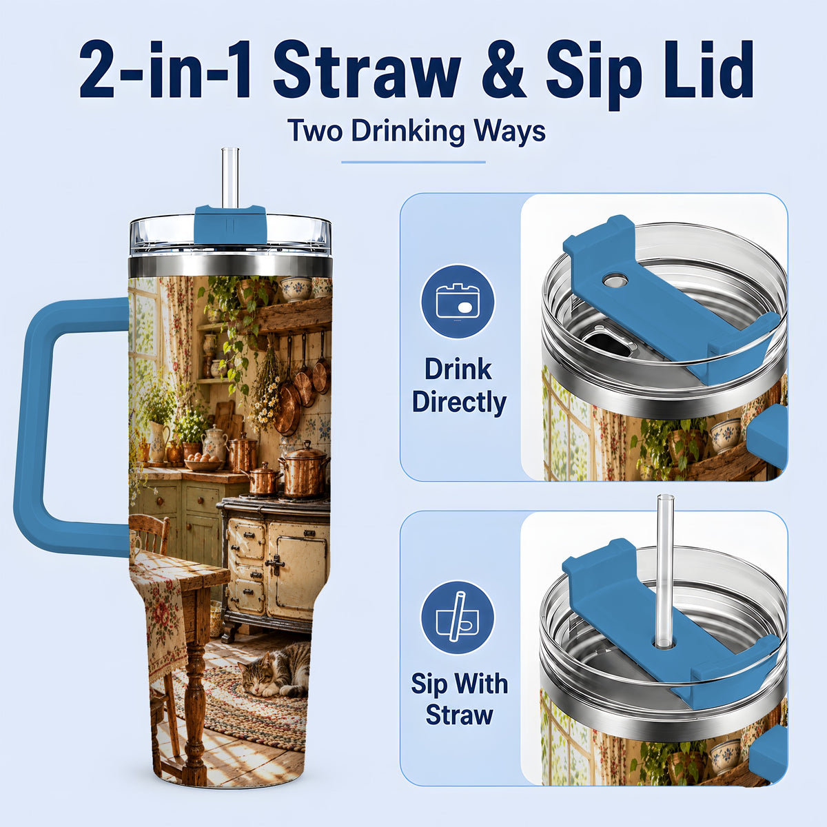 #pl[40oz|Blue] Cottage Cat Tumbler, 40oz Tumbler with Cozy Kitchen Scene Artwork