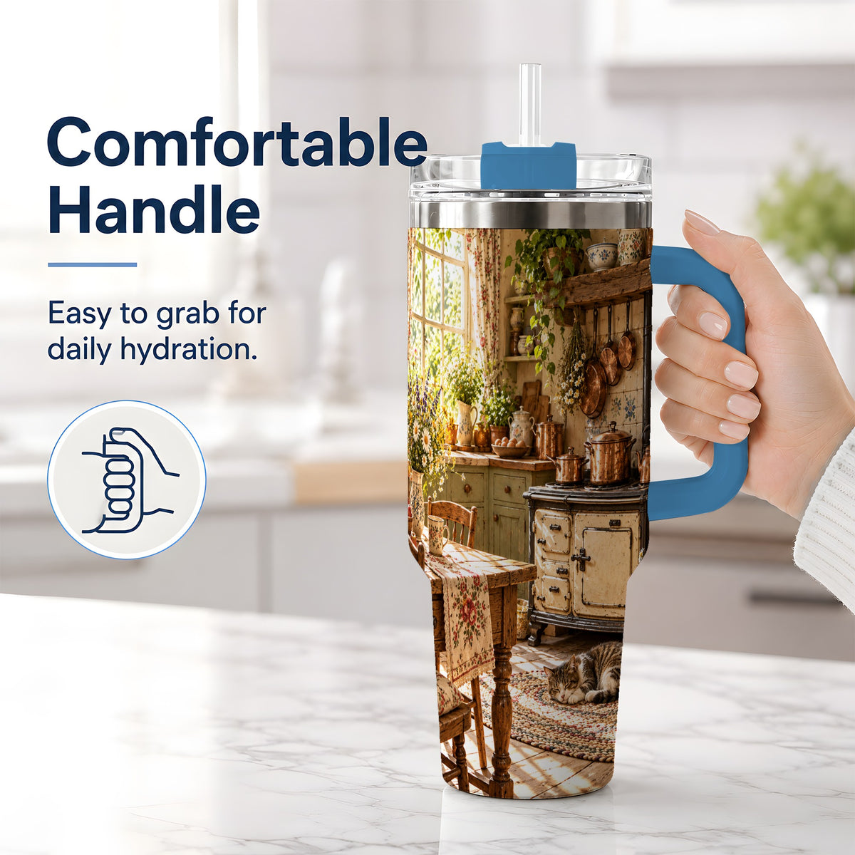 #pl[40oz|Blue] Cottage Cat Tumbler, 40oz Tumbler with Cozy Kitchen Scene Artwork