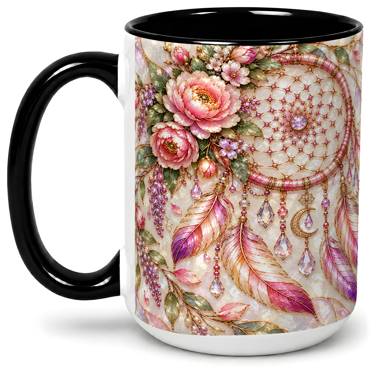 #pl[15oz|Black] Floral Dreamcatcher Ceramic Mug, Pink Boho Artwork