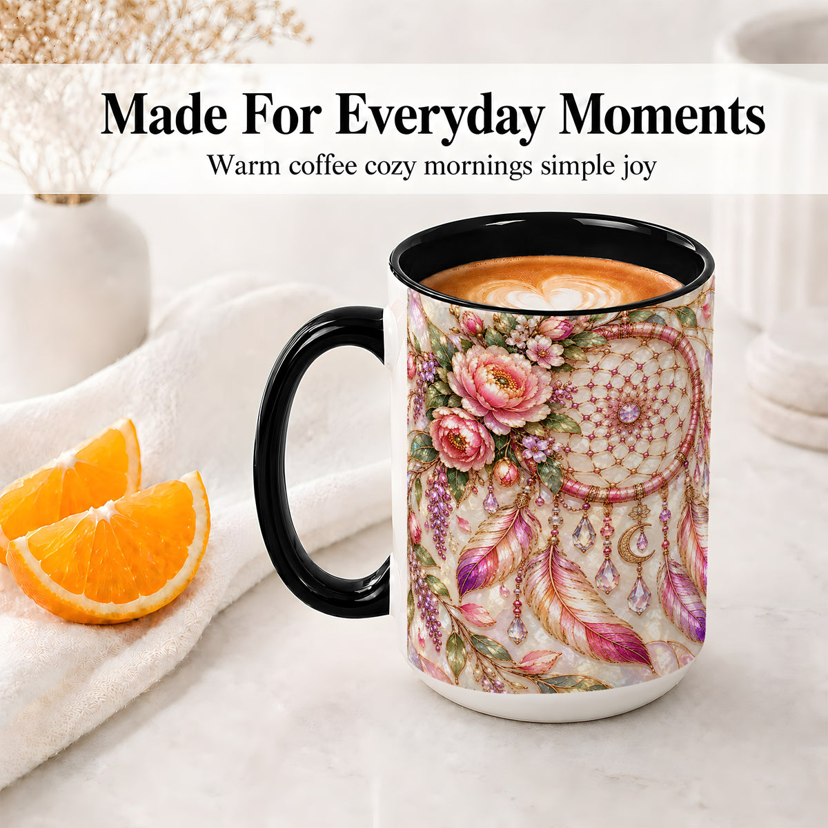 #pl[15oz|Black] Floral Dreamcatcher Ceramic Mug, Pink Boho Artwork