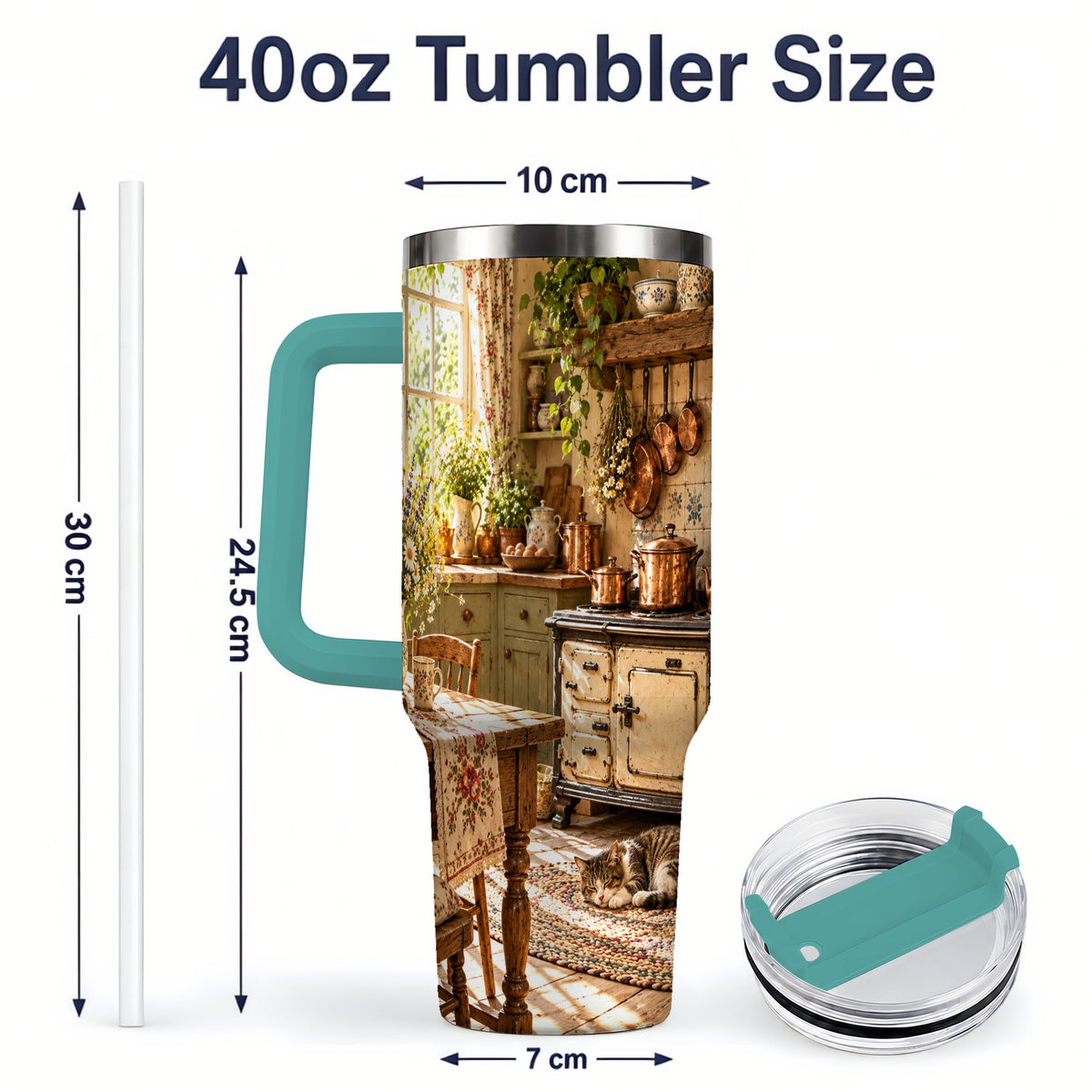 #pl[40oz|Green] Cottage Cat Tumbler, 40oz Tumbler with Cozy Kitchen Scene Artwork