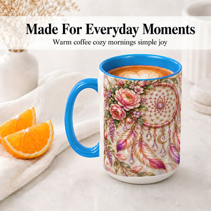 #pl[15oz|Blue] Floral Dreamcatcher Ceramic Mug, Pink Boho Artwork
