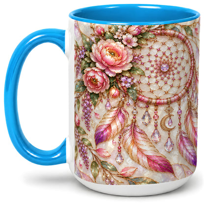 #pl[15oz|Blue] Floral Dreamcatcher Ceramic Mug, Pink Boho Artwork