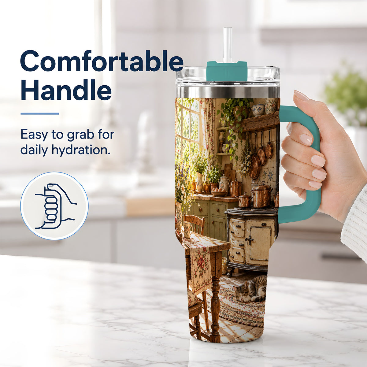 #pl[40oz|Green] Cottage Cat Tumbler, 40oz Tumbler with Cozy Kitchen Scene Artwork