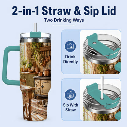 #pl[40oz|Green] Cottage Cat Tumbler, 40oz Tumbler with Cozy Kitchen Scene Artwork