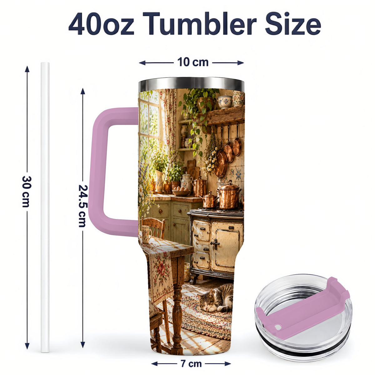 #pl[40oz|Pink] Cottage Cat Tumbler, 40oz Tumbler with Cozy Kitchen Scene Artwork