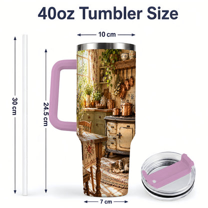 #pl[40oz|Pink] Cottage Cat Tumbler, 40oz Tumbler with Cozy Kitchen Scene Artwork