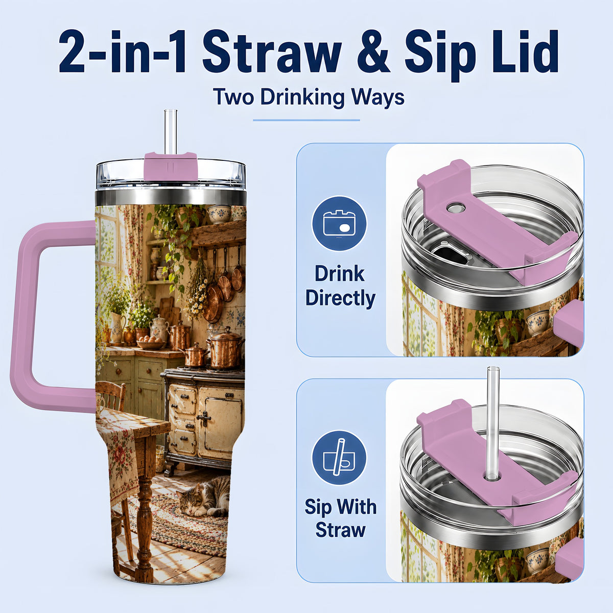 #pl[40oz|Pink] Cottage Cat Tumbler, 40oz Tumbler with Cozy Kitchen Scene Artwork