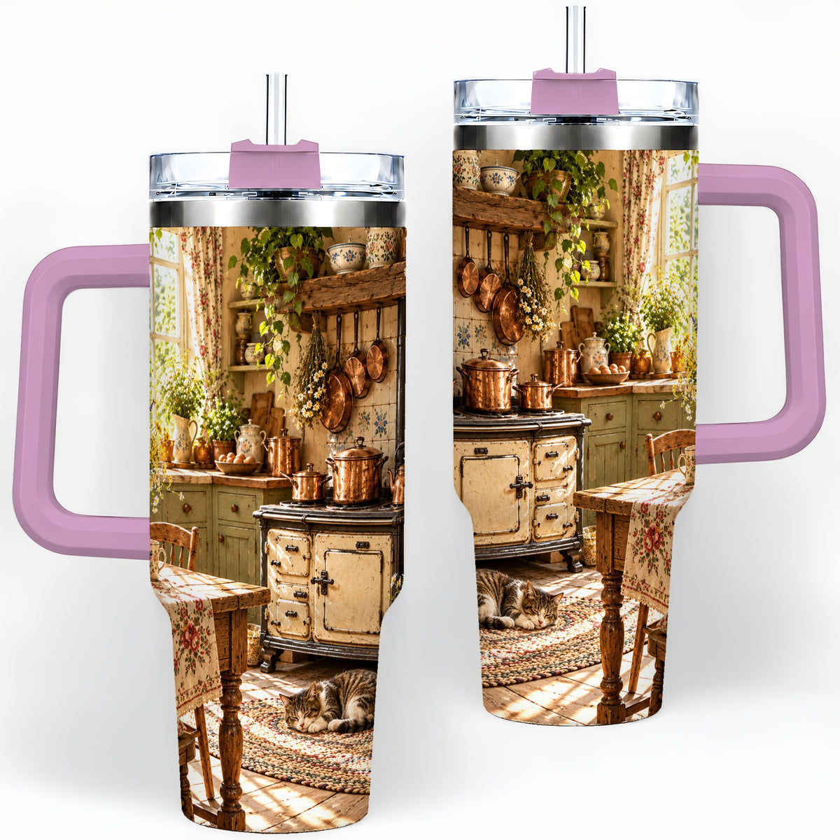 #pl[40oz|Pink] Cottage Cat Tumbler, 40oz Tumbler with Cozy Kitchen Scene Artwork
