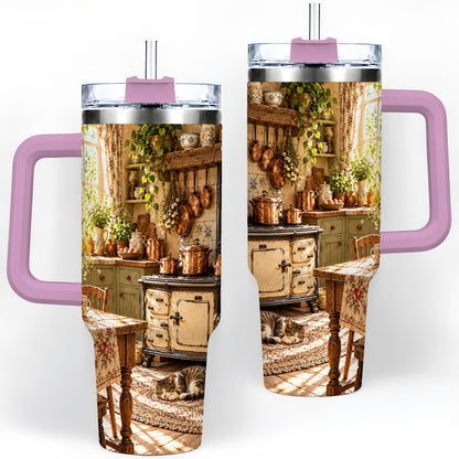 #pl[40oz|Pink] Cottage Cat Tumbler, 40oz Tumbler with Cozy Kitchen Scene Artwork