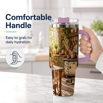 #pl[40oz|Pink] Cottage Cat Tumbler, 40oz Tumbler with Cozy Kitchen Scene Artwork