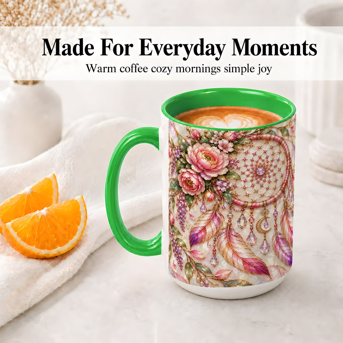 #pl[15oz|Green] Floral Dreamcatcher Ceramic Mug, Pink Boho Artwork