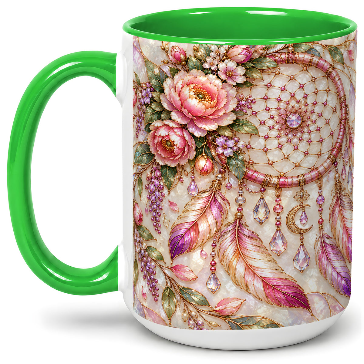 #pl[15oz|Green] Floral Dreamcatcher Ceramic Mug, Pink Boho Artwork