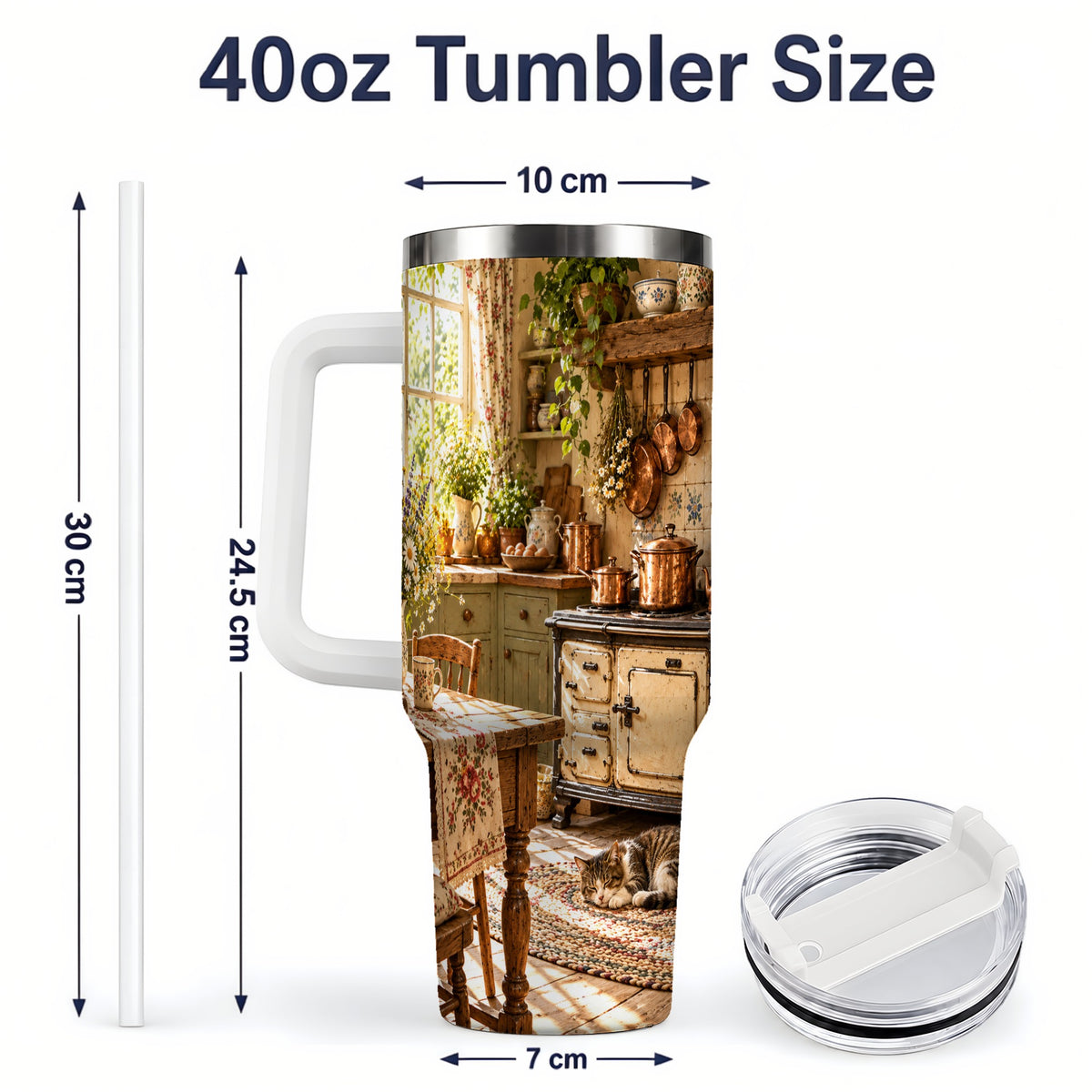 #pl[40oz|White] Cottage Cat Tumbler, 40oz Tumbler with Cozy Kitchen Scene Artwork