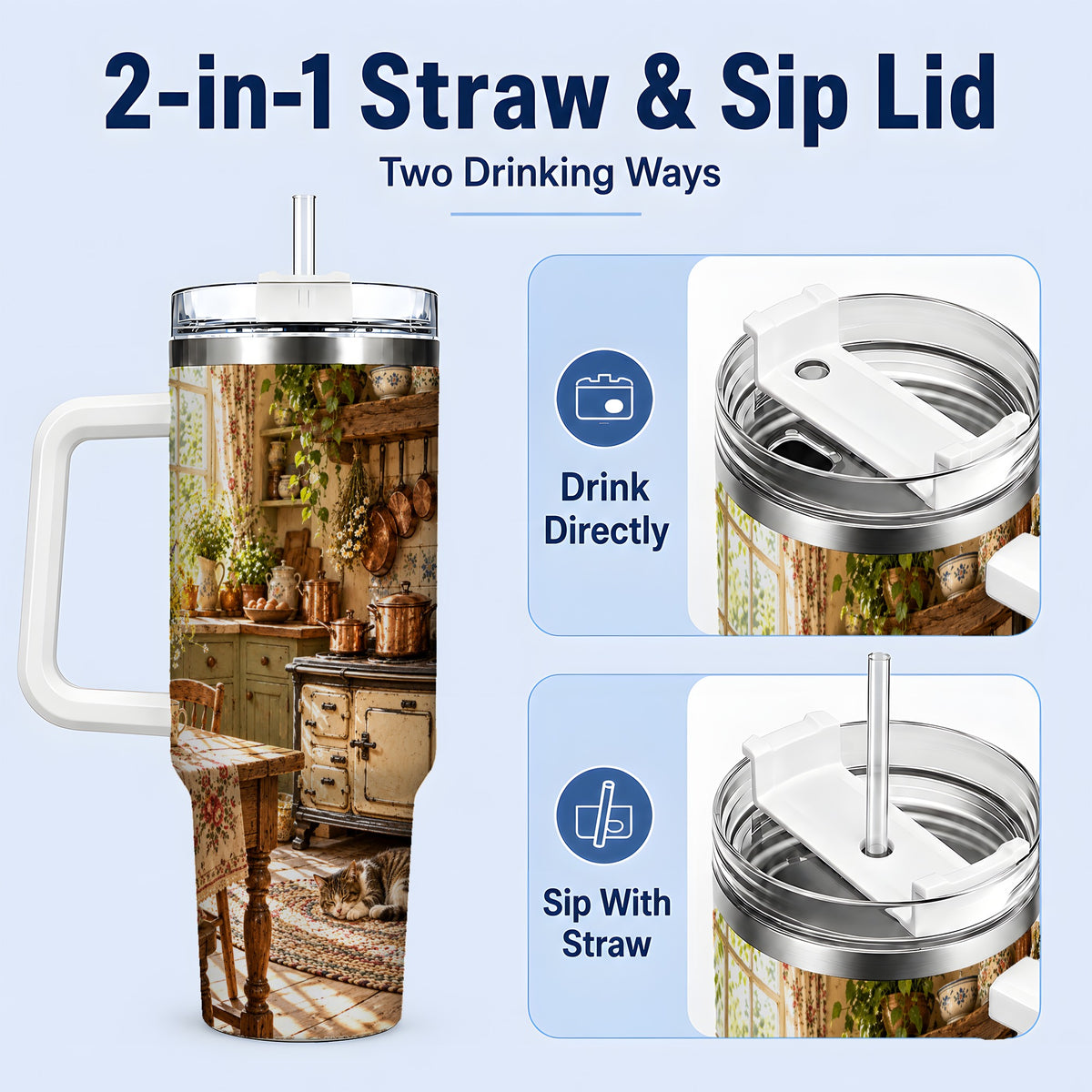 #pl[40oz|White] Cottage Cat Tumbler, 40oz Tumbler with Cozy Kitchen Scene Artwork