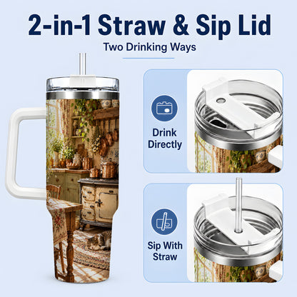 #pl[40oz|White] Cottage Cat Tumbler, 40oz Tumbler with Cozy Kitchen Scene Artwork