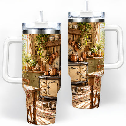 Cottage Cat Tumbler, 40oz Tumbler with Cozy Kitchen Scene Artwork