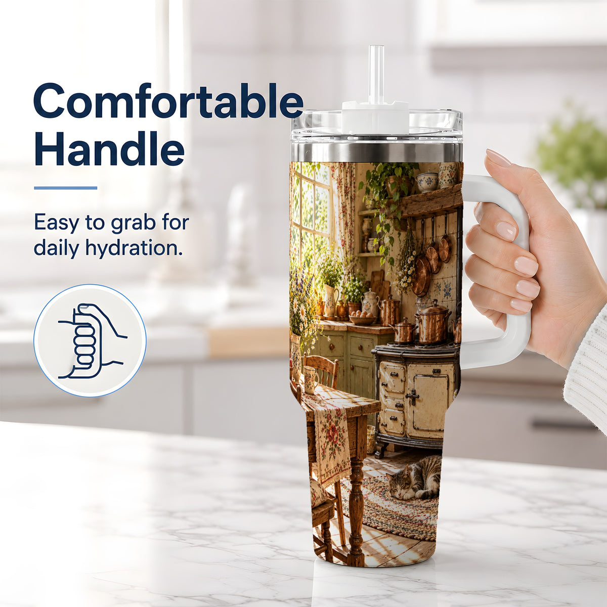 #pl[40oz|White] Cottage Cat Tumbler, 40oz Tumbler with Cozy Kitchen Scene Artwork