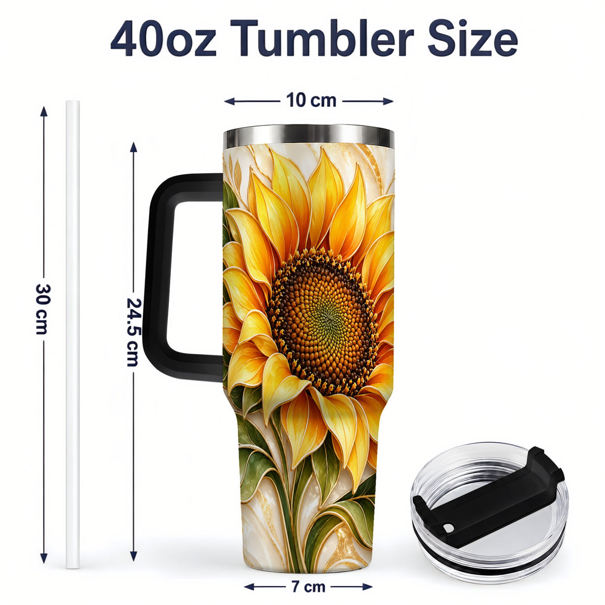 #pl[40oz|Black] Golden Sunflower Tumbler, 40oz Tumbler with Gold Botanical Artwork
