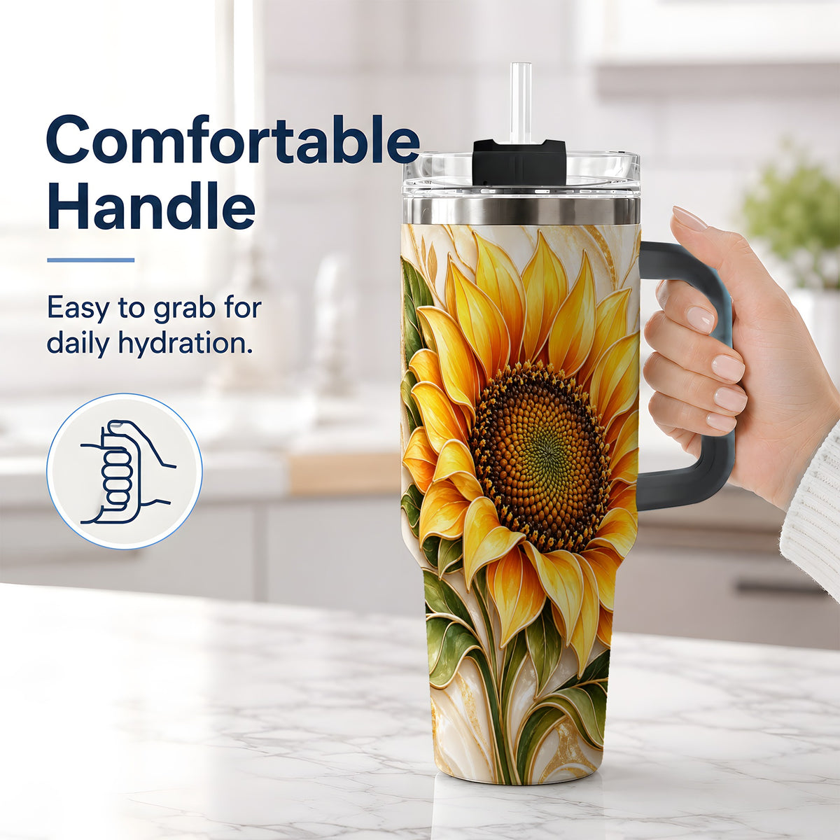 #pl[40oz|Black] Golden Sunflower Tumbler, 40oz Tumbler with Gold Botanical Artwork