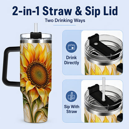 #pl[40oz|Black] Golden Sunflower Tumbler, 40oz Tumbler with Gold Botanical Artwork