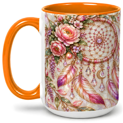 #pl[15oz|Orange] Floral Dreamcatcher Ceramic Mug, Pink Boho Artwork