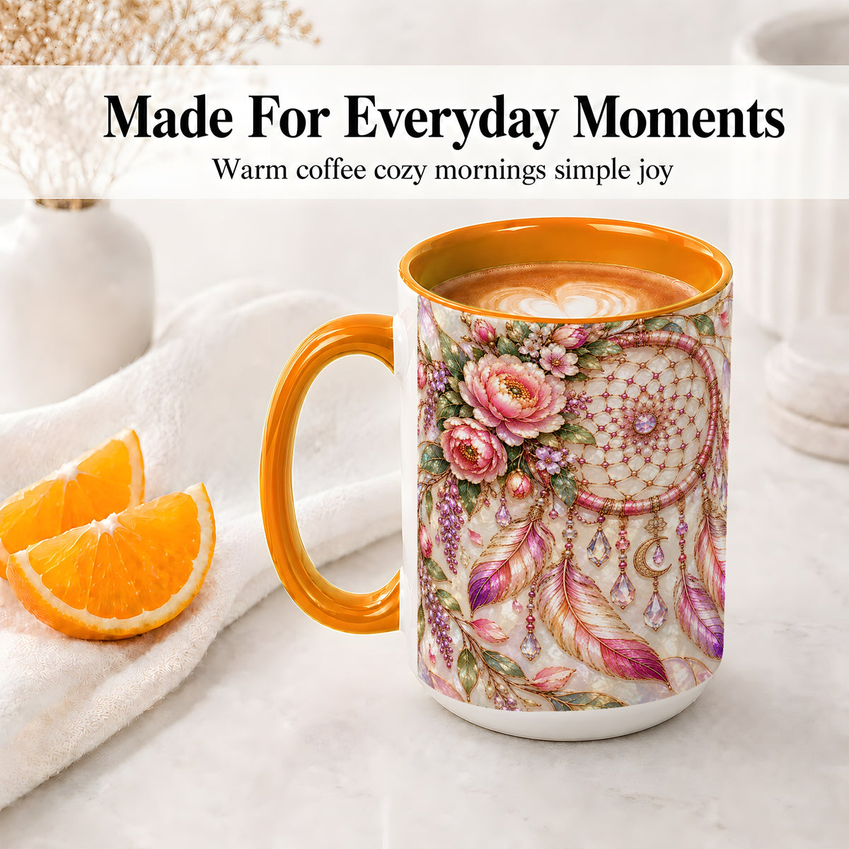 #pl[15oz|Orange] Floral Dreamcatcher Ceramic Mug, Pink Boho Artwork