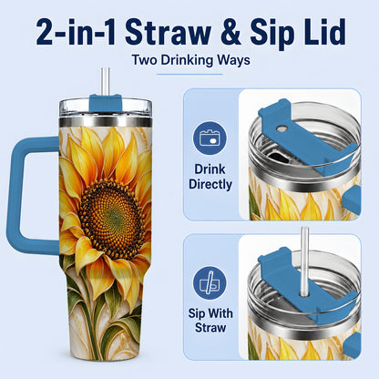 #pl[40oz|Blue] Golden Sunflower Tumbler, 40oz Tumbler with Gold Botanical Artwork