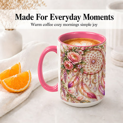 #pl[15oz|Pink] Floral Dreamcatcher Ceramic Mug, Pink Boho Artwork