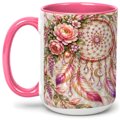 #pl[15oz|Pink] Floral Dreamcatcher Ceramic Mug, Pink Boho Artwork