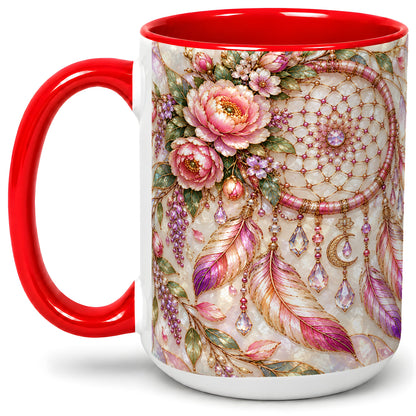 #pl[15oz|Red] Floral Dreamcatcher Ceramic Mug, Pink Boho Artwork