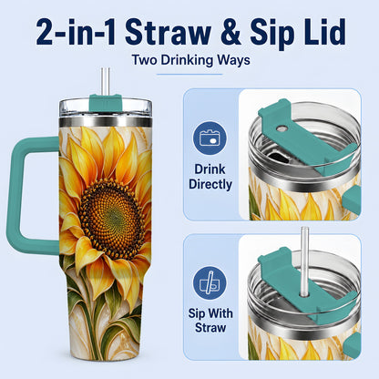 #pl[40oz|Green] Golden Sunflower Tumbler, 40oz Tumbler with Gold Botanical Artwork