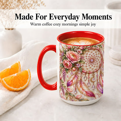 #pl[15oz|Red] Floral Dreamcatcher Ceramic Mug, Pink Boho Artwork