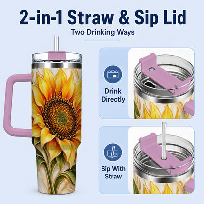 #pl[40oz|Pink] Golden Sunflower Tumbler, 40oz Tumbler with Gold Botanical Artwork
