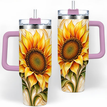 #pl[40oz|Pink] Golden Sunflower Tumbler, 40oz Tumbler with Gold Botanical Artwork