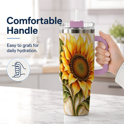 #pl[40oz|Pink] Golden Sunflower Tumbler, 40oz Tumbler with Gold Botanical Artwork