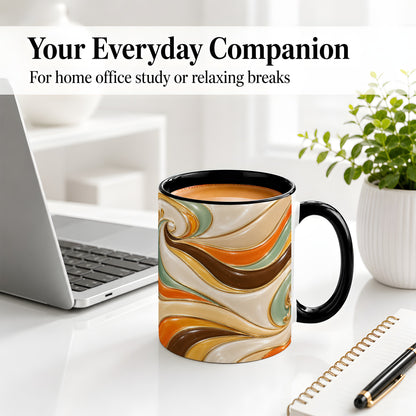 #pl[11oz|Black] Retro Abstract Waves Ceramic Mug, Orange Green Swirl Art