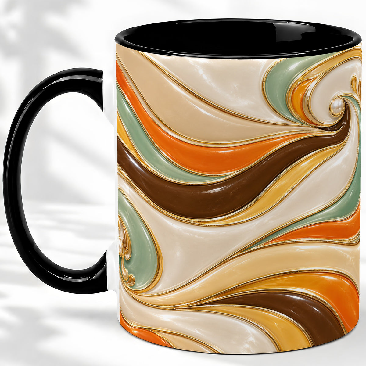 #pl[11oz|Black] Retro Abstract Waves Ceramic Mug, Orange Green Swirl Art