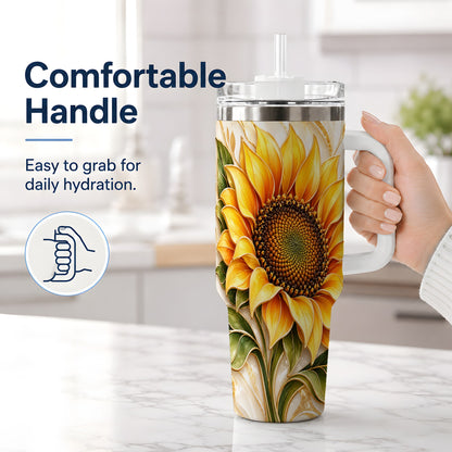 #pl[40oz|White] Golden Sunflower Tumbler, 40oz Tumbler with Gold Botanical Artwork