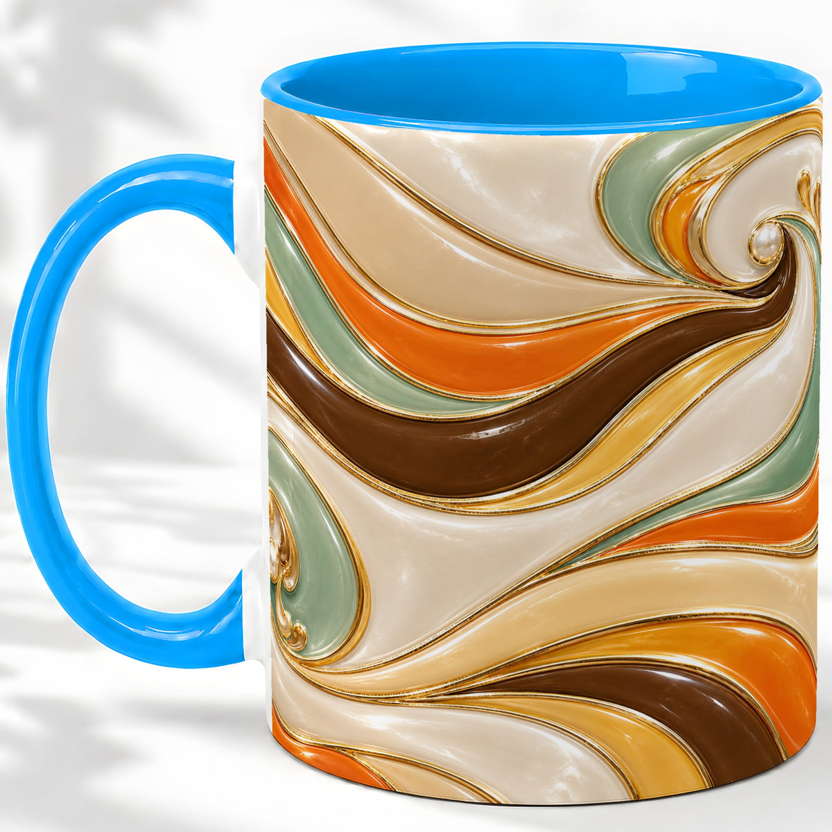 #pl[11oz|Blue] Retro Abstract Waves Ceramic Mug, Orange Green Swirl Art